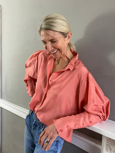 High neck silk blouse with drama sleeve