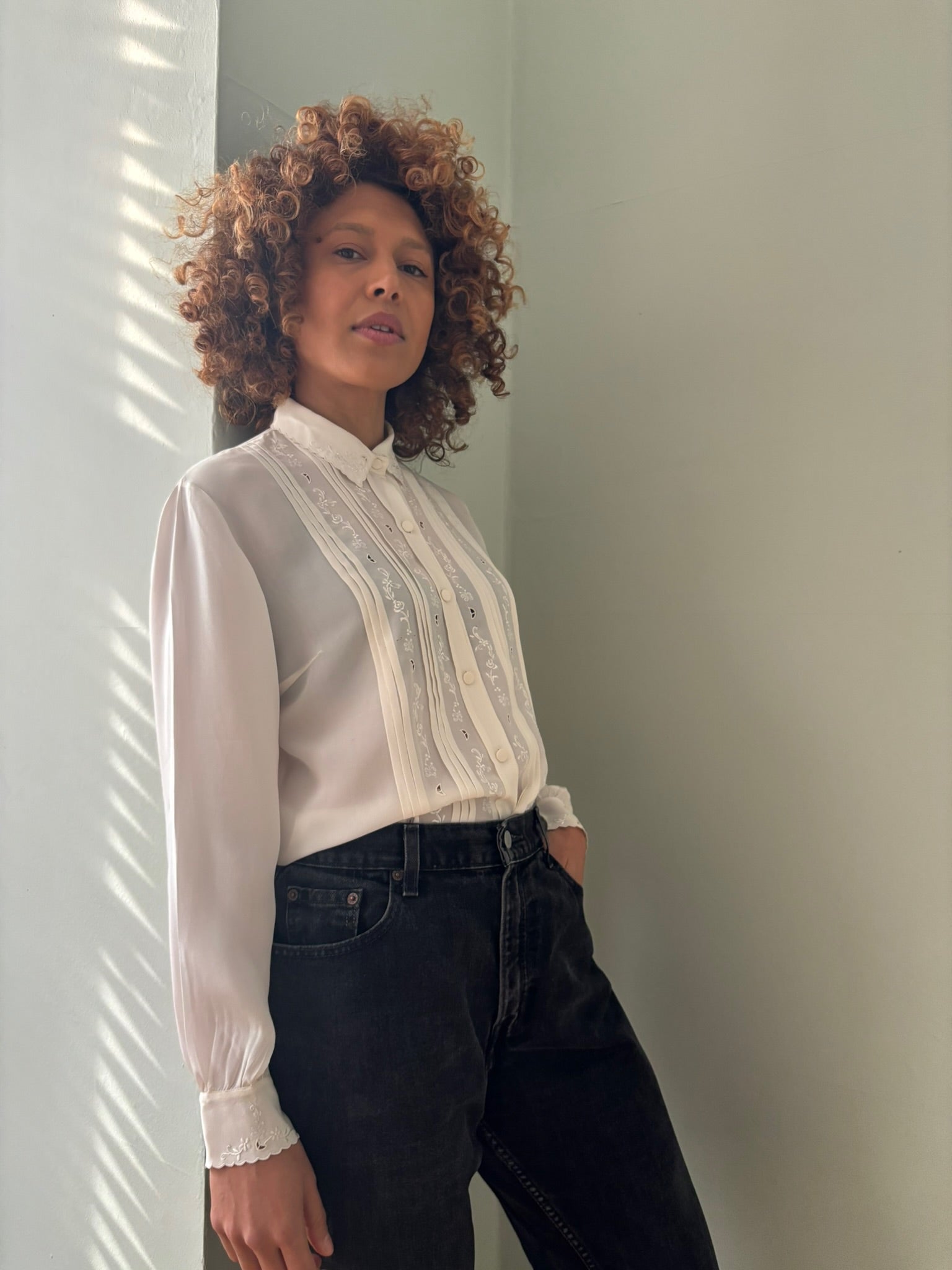 Vintage silk pin-tuck & embroidered blouse