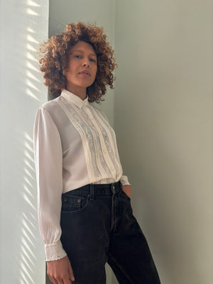 Vintage silk pin-tuck & embroidered blouse