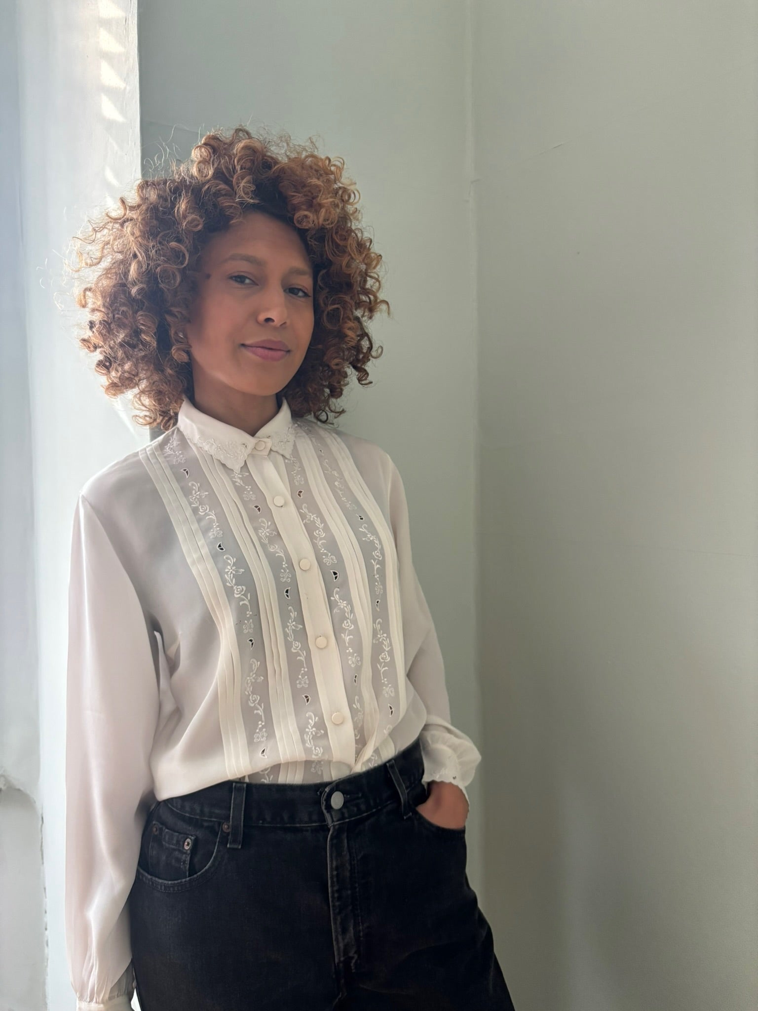 Vintage silk pin-tuck & embroidered blouse