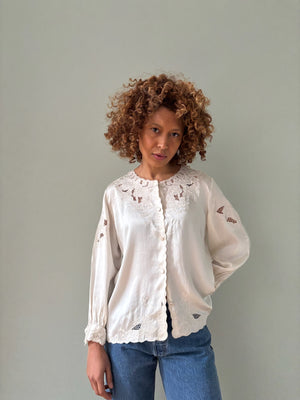 Vintage silk satin embroidered blouse