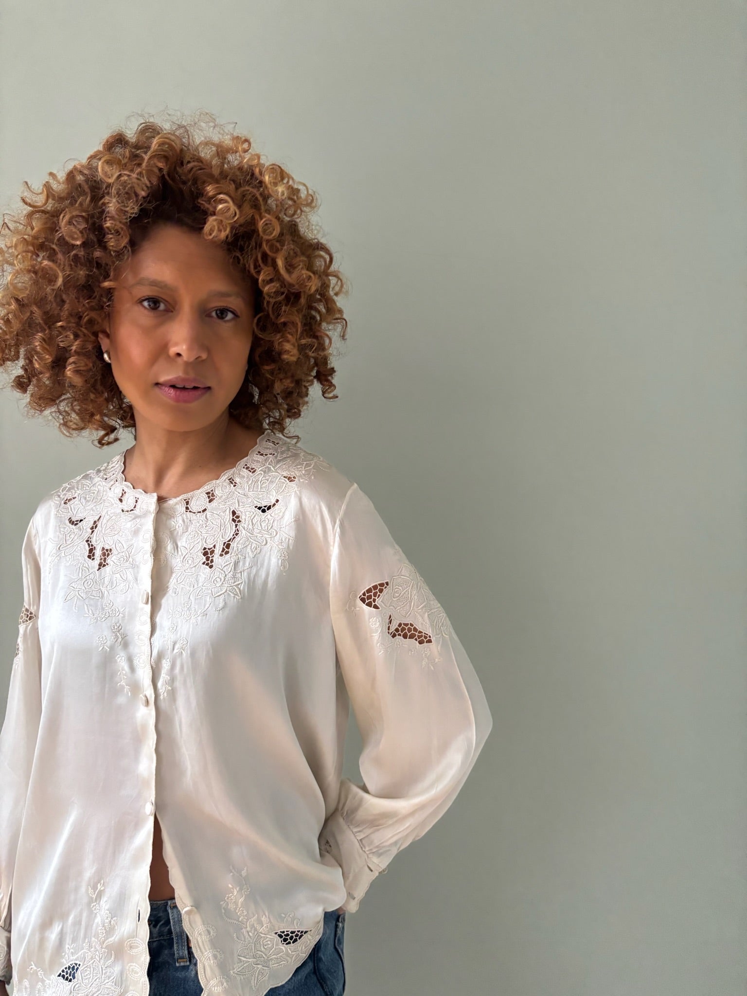 Vintage silk satin embroidered blouse