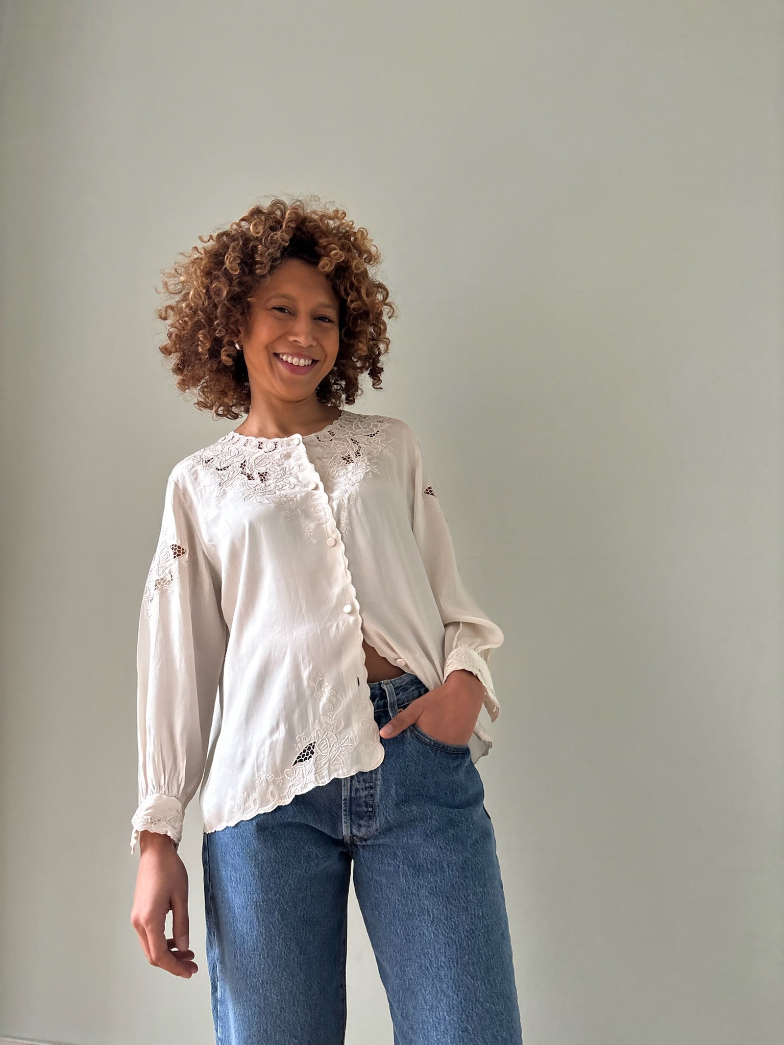 Vintage silk satin embroidered blouse