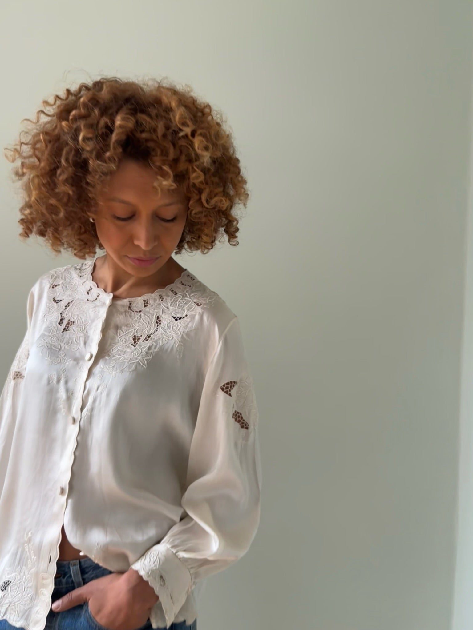 Vintage silk satin embroidered blouse
