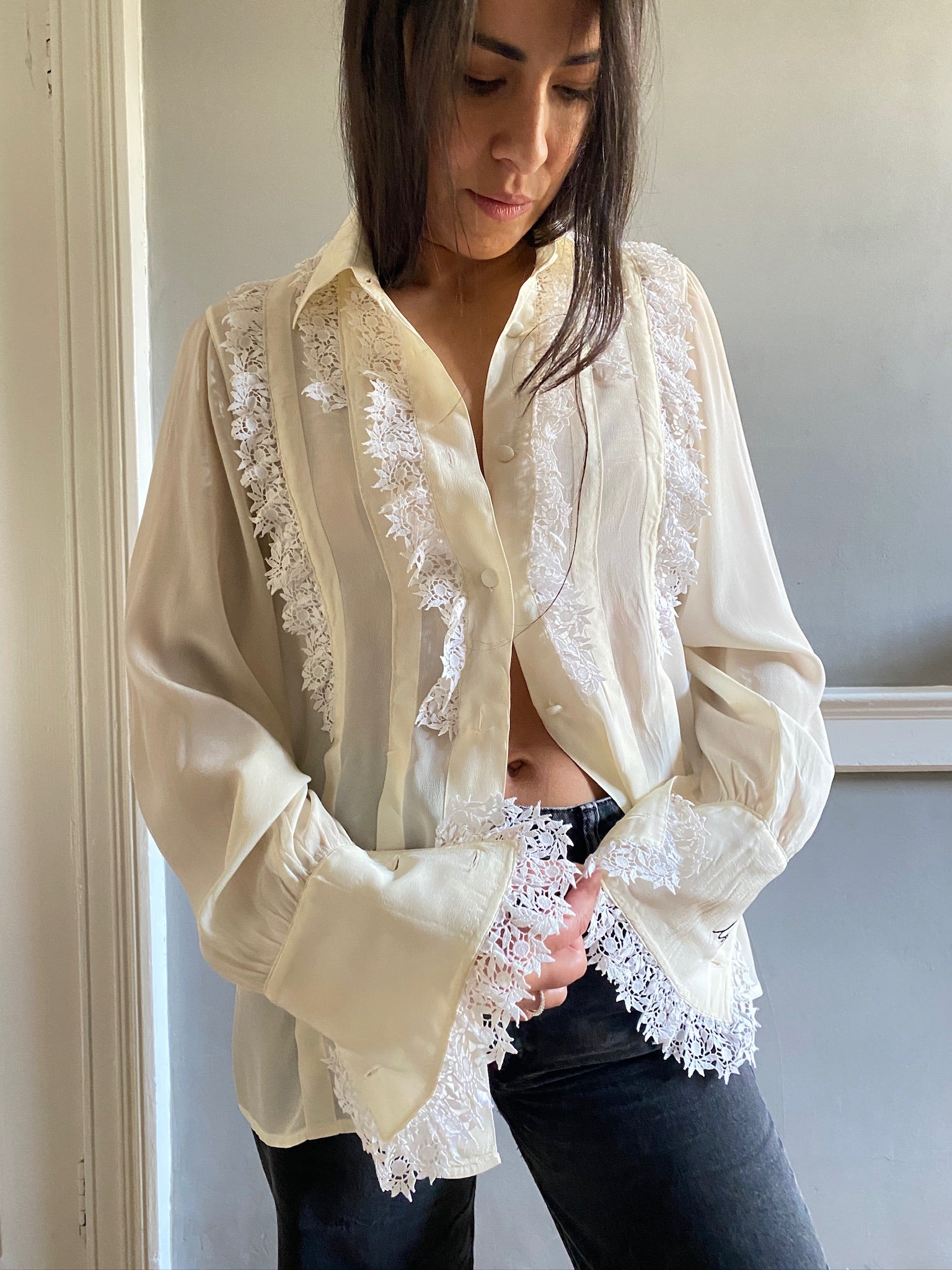 Vintage silk and lace frill LOVE blouse 87