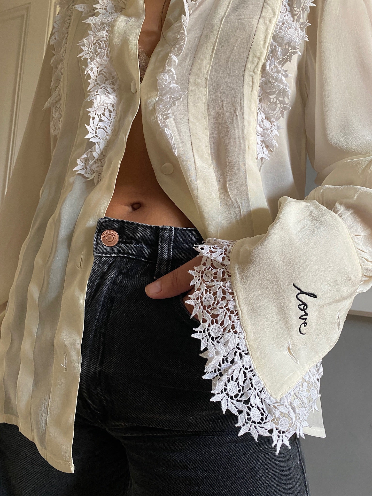 Vintage silk and lace frill LOVE blouse 87