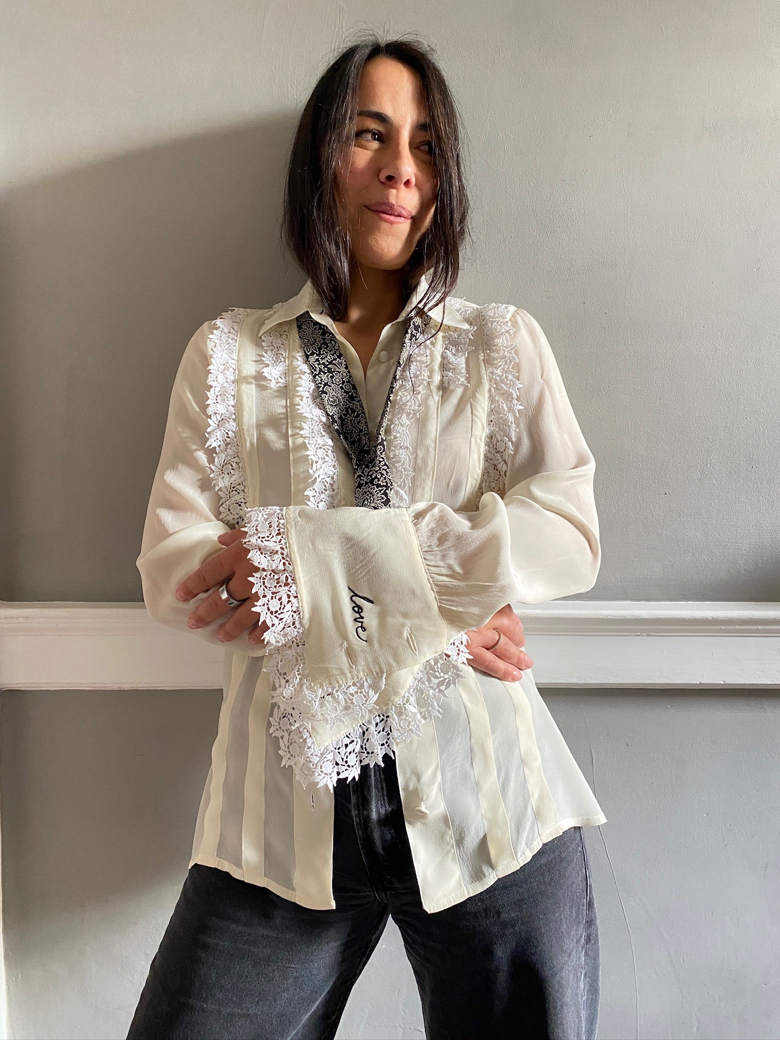 Vintage silk and lace frill LOVE blouse 87