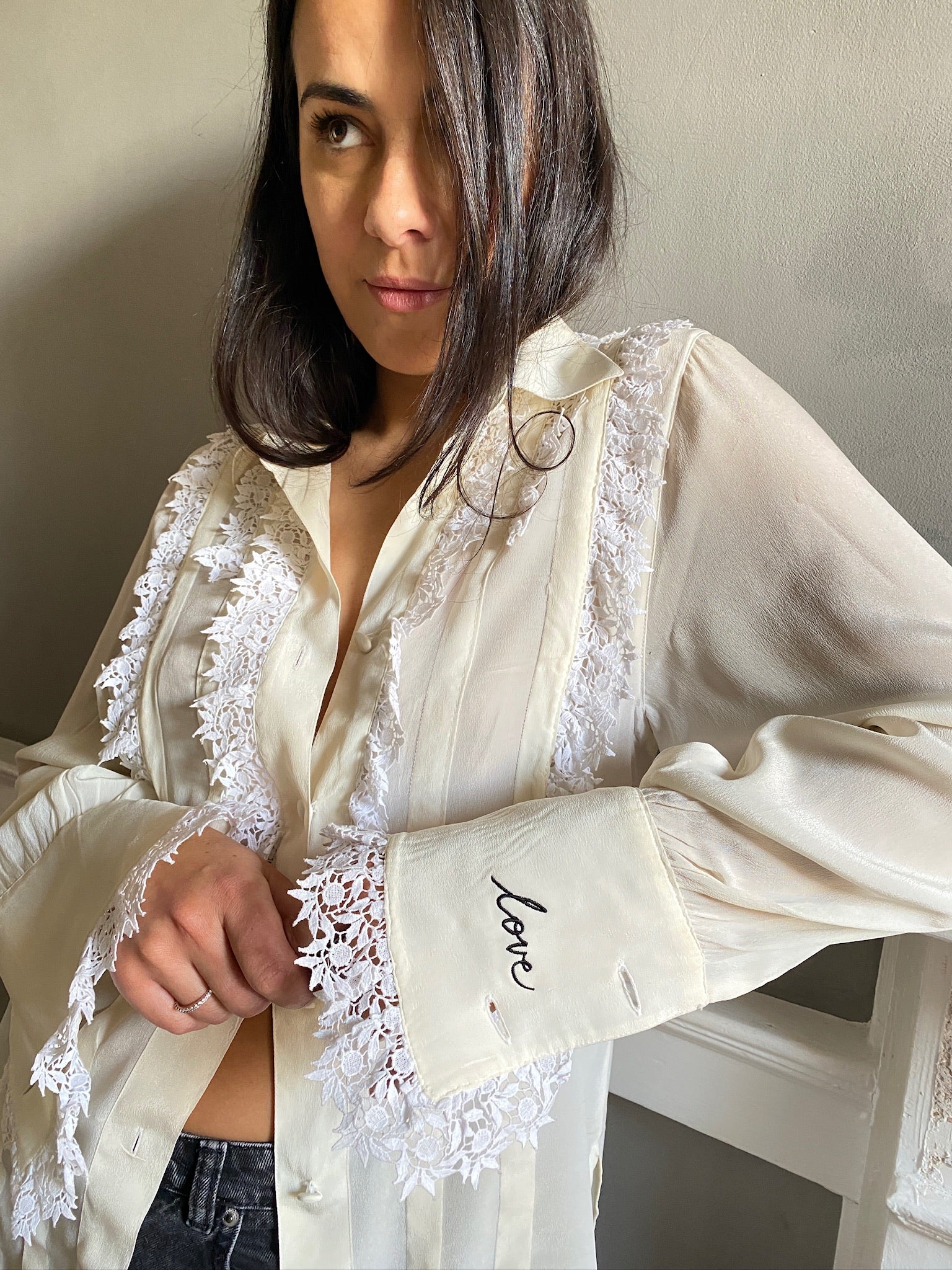 Vintage silk and lace frill LOVE blouse 87