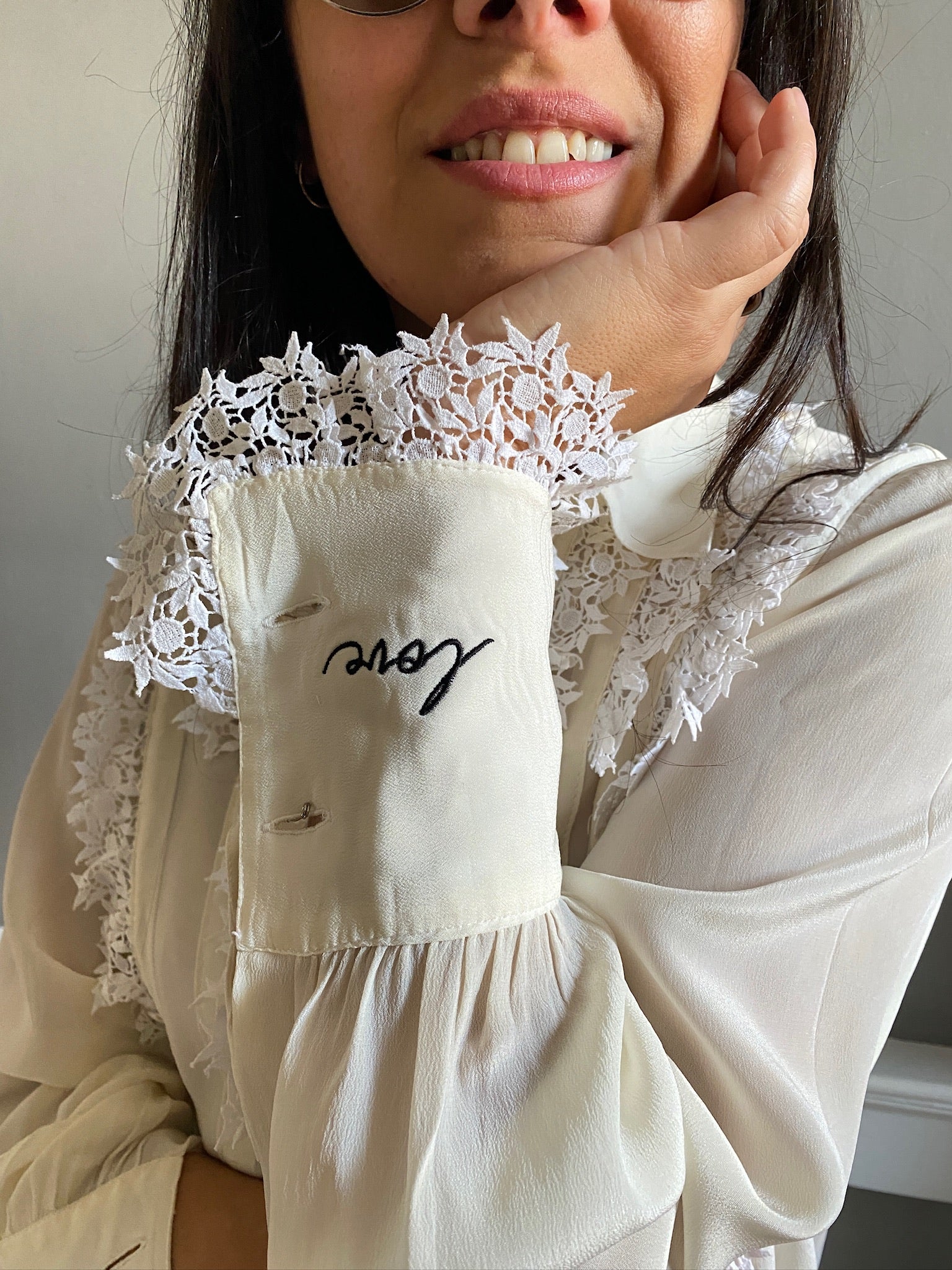 Vintage silk and lace frill LOVE blouse 87