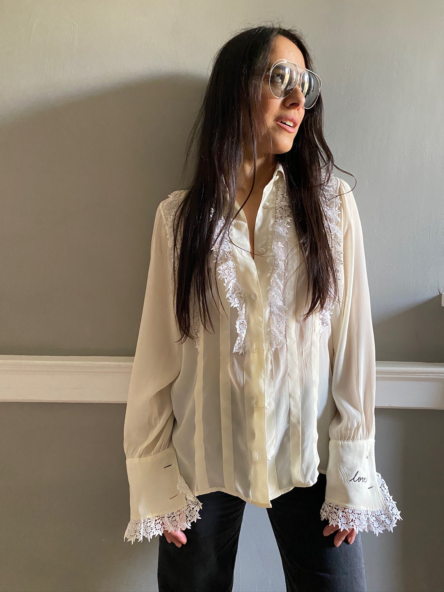 Vintage silk and lace frill LOVE blouse 87