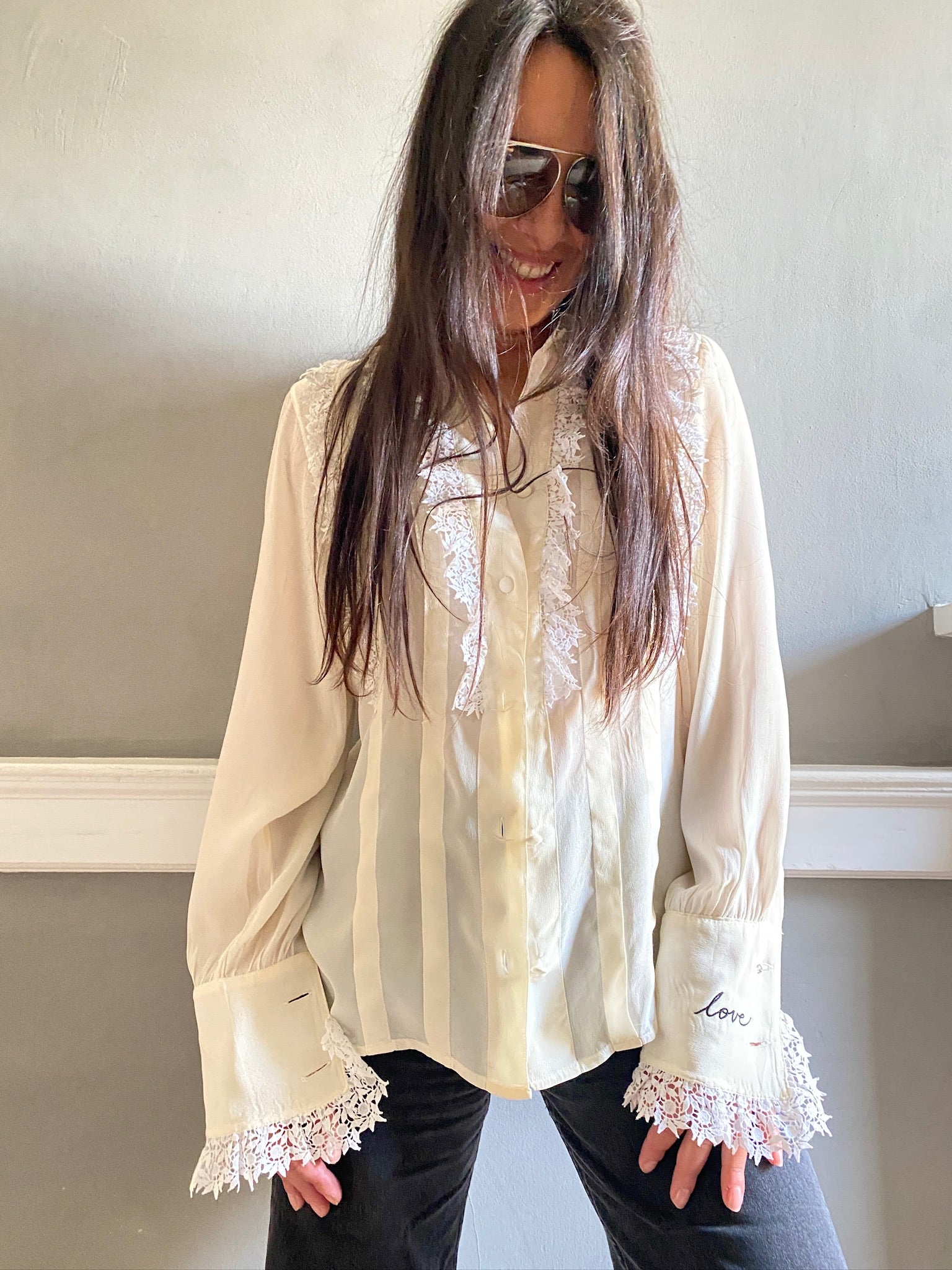 Vintage silk and lace frill LOVE blouse 87