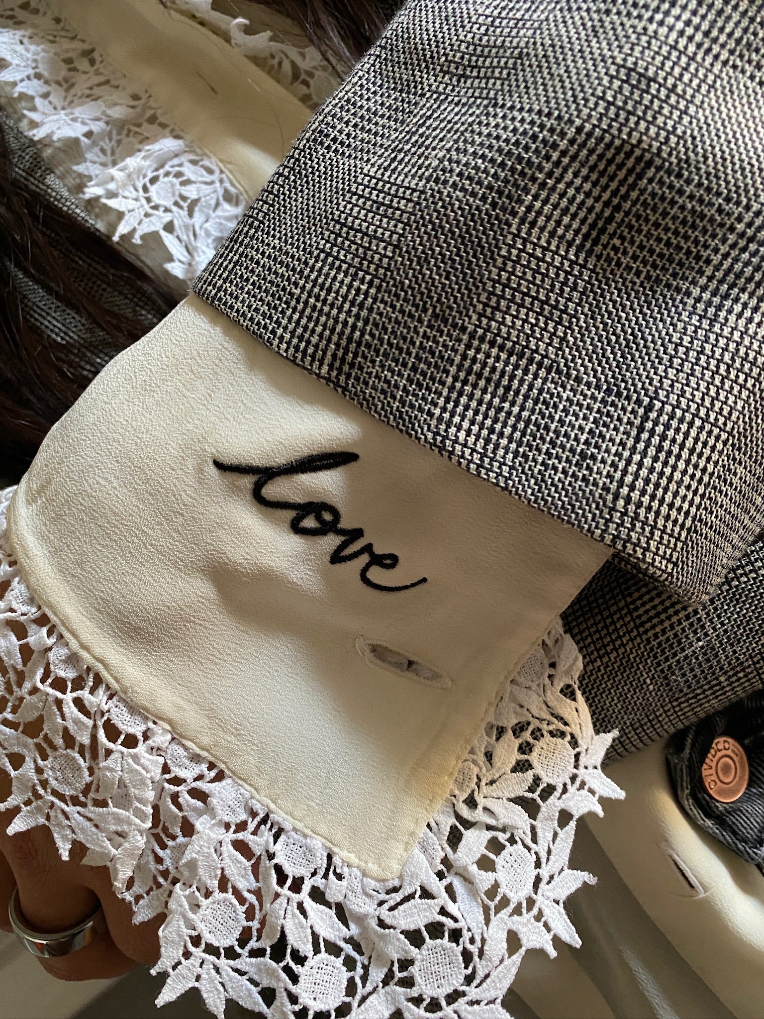 Vintage silk and lace frill LOVE blouse 87