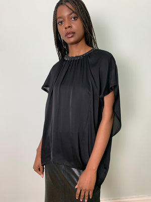 Pre-loved Lanvin black diamantè silk satin and jersey top