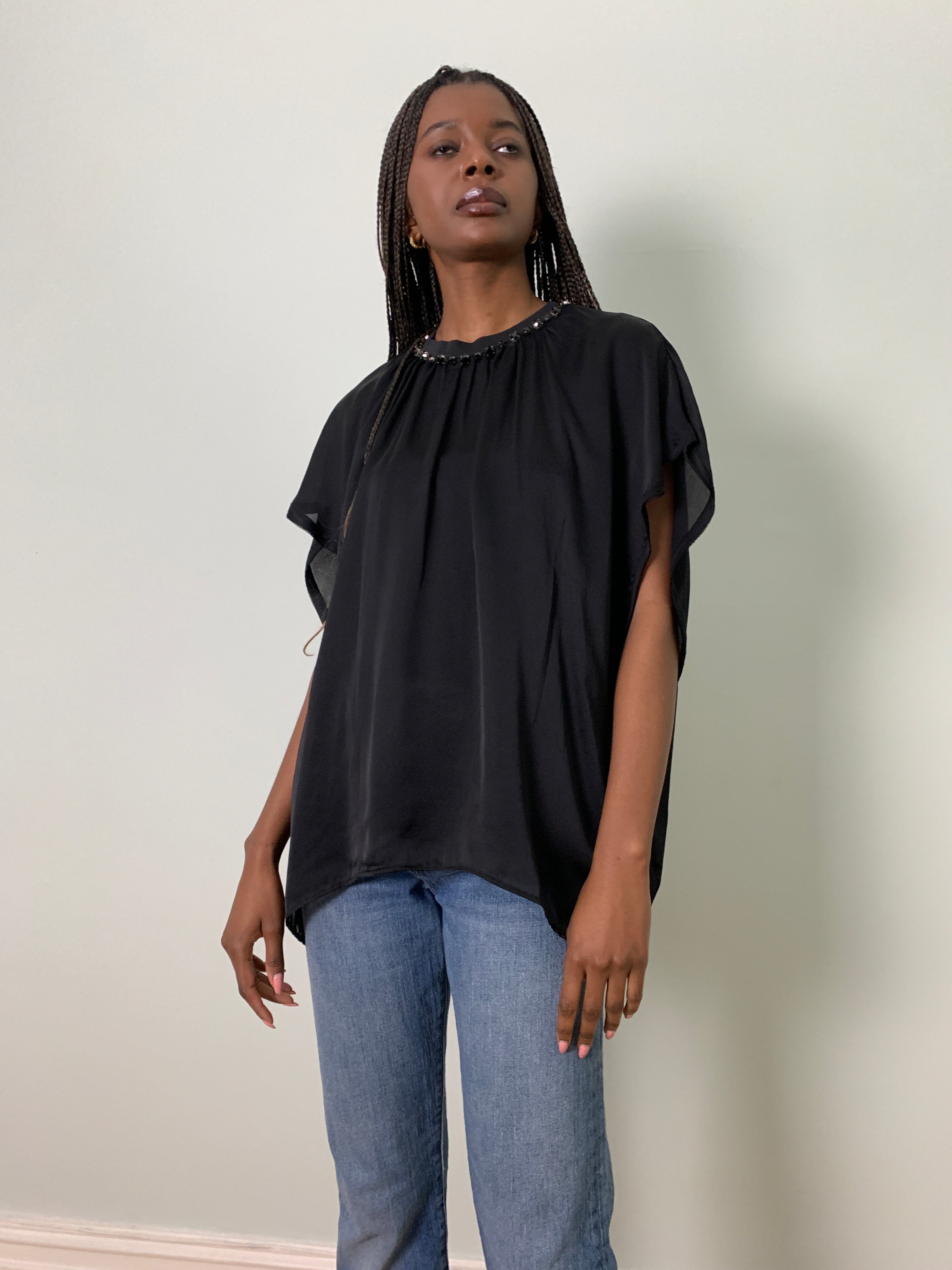 Pre-loved Lanvin black diamantè silk satin and jersey top