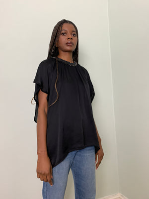 Pre-loved Lanvin black diamantè silk satin and jersey top