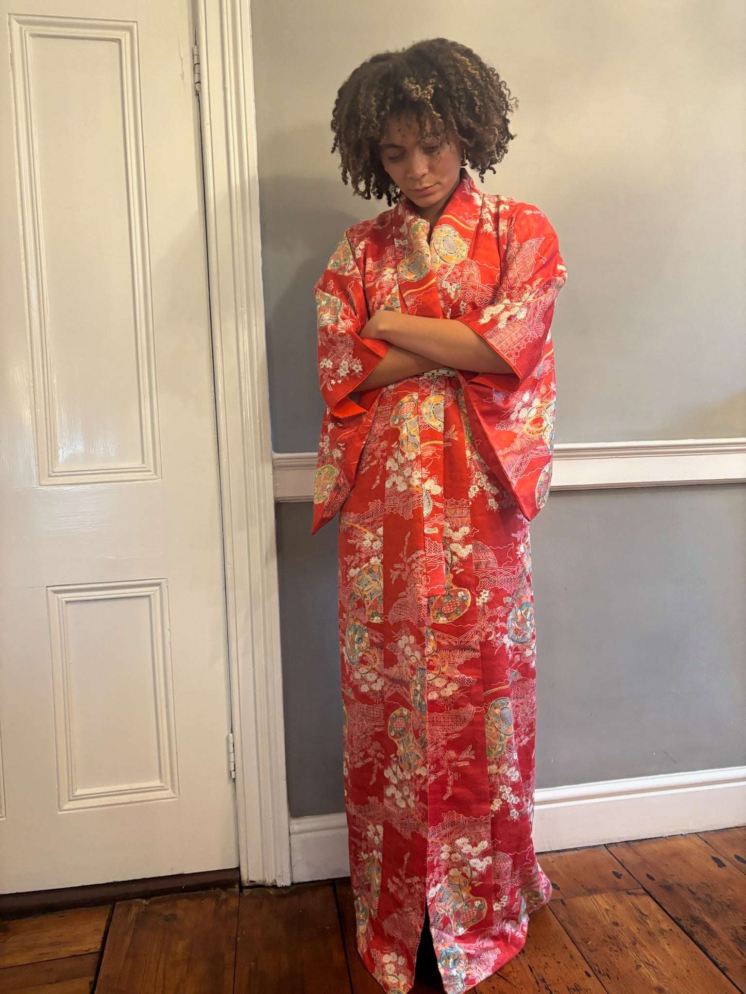 Japanese silk jacquard 1950s kimono