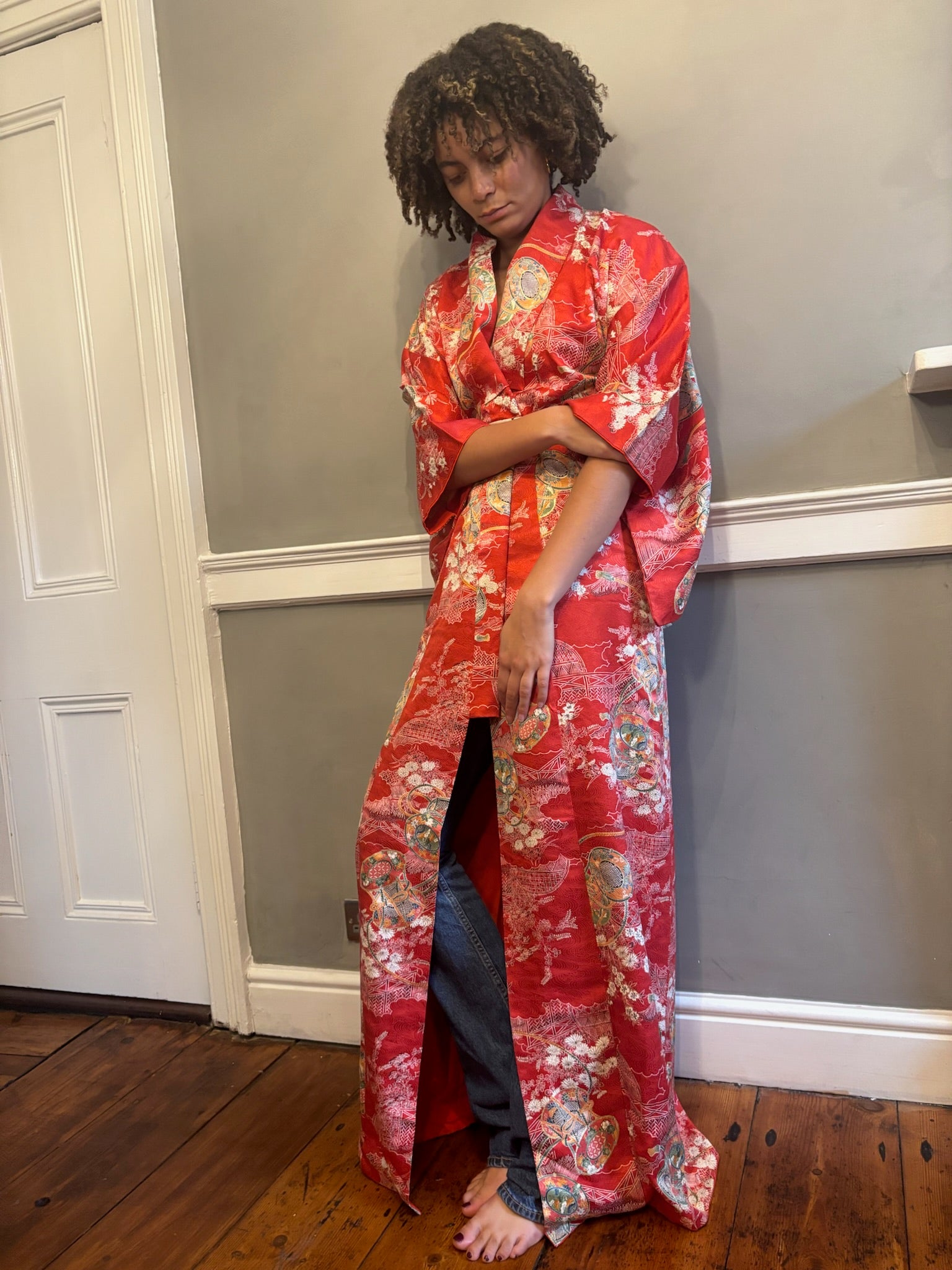 Japanese silk jacquard 1950s kimono