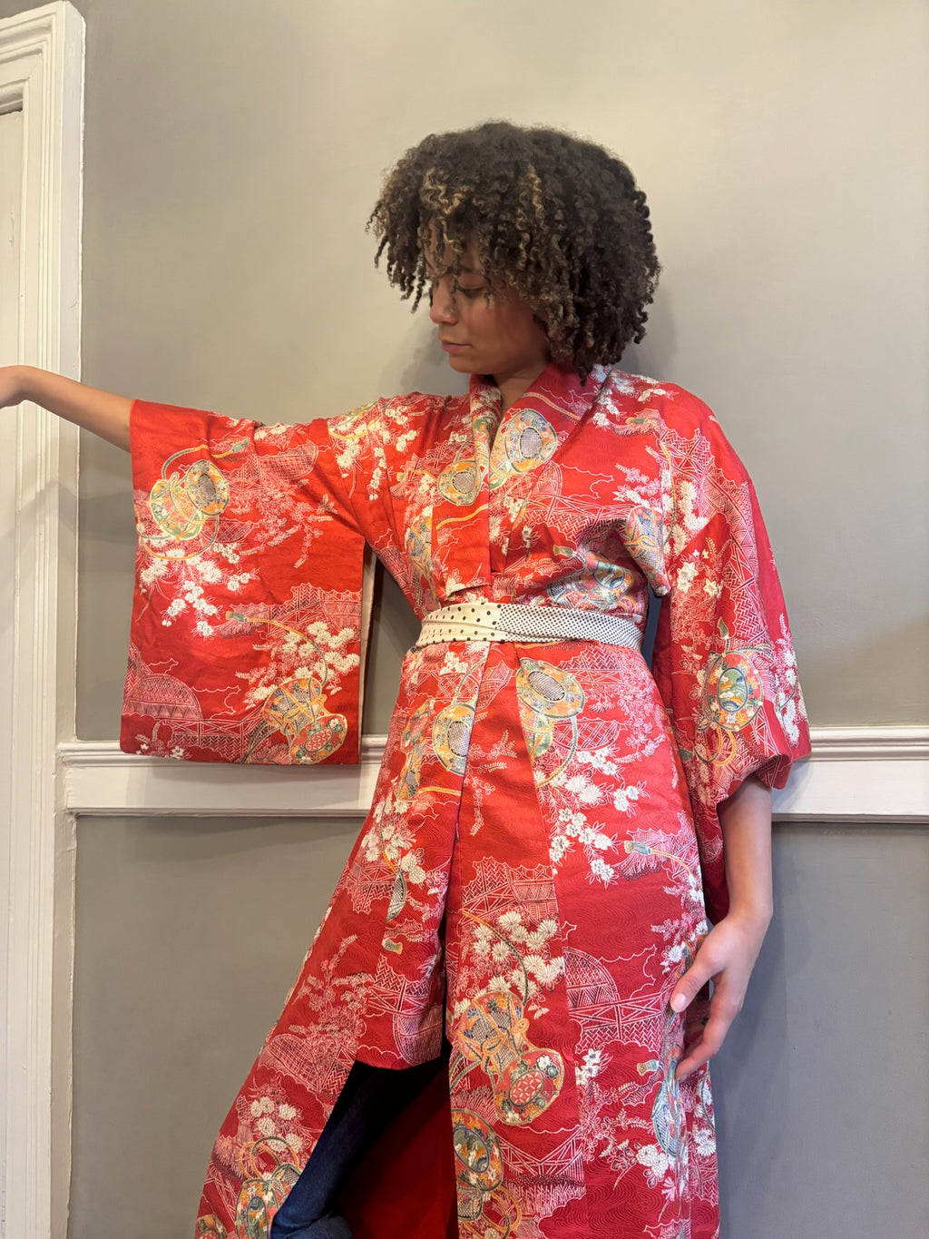 Japanese silk jacquard 1950s kimono
