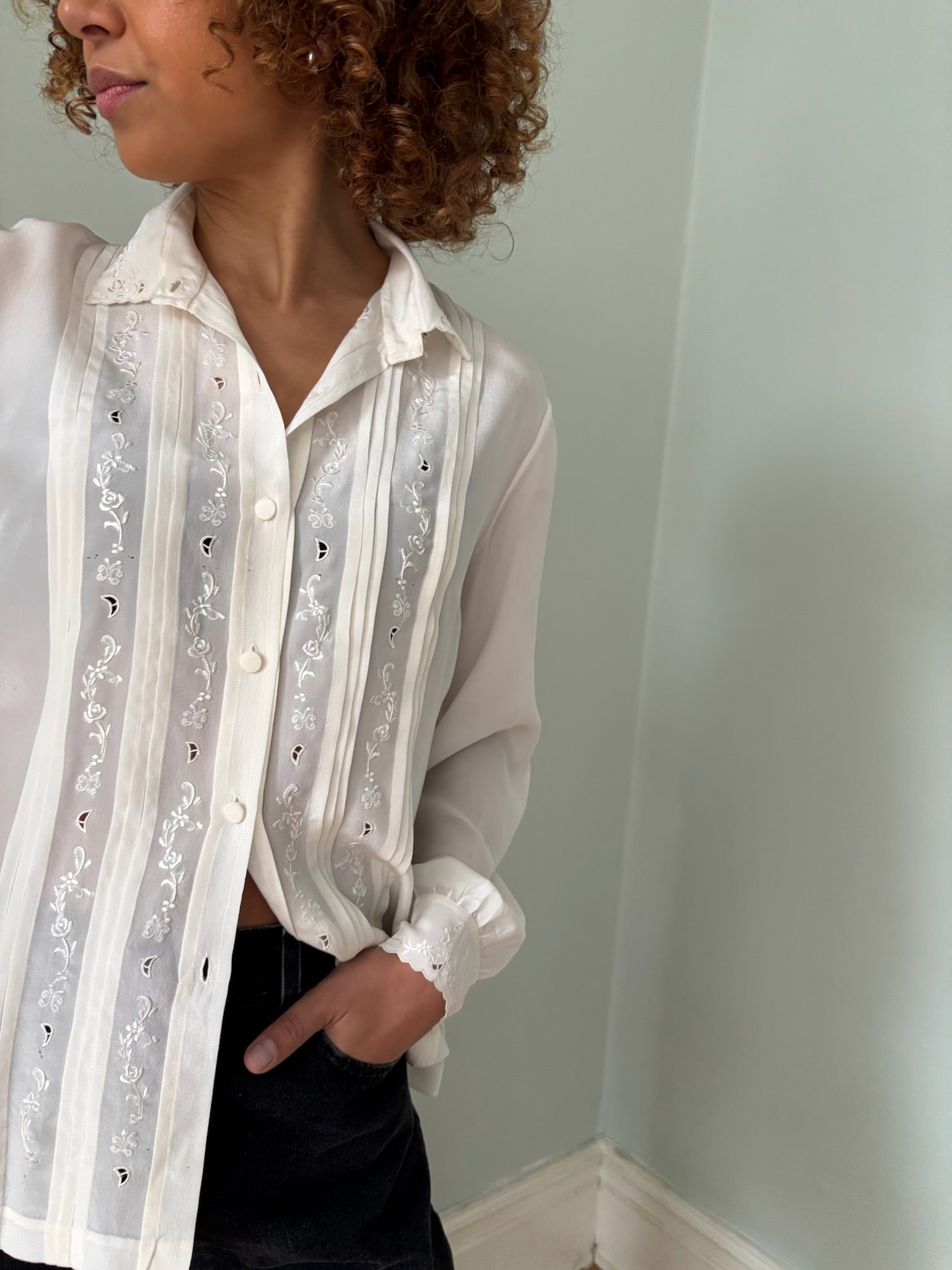 Vintage silk pin-tuck & embroidered blouse
