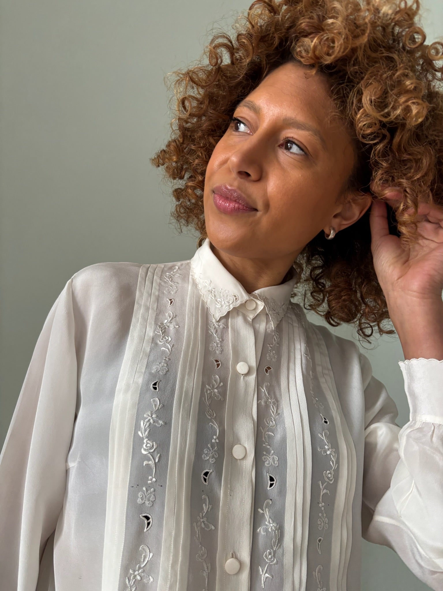 Vintage silk pin-tuck & embroidered blouse
