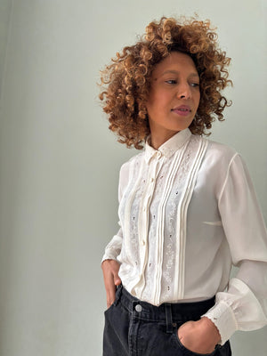Vintage silk pin-tuck & embroidered blouse