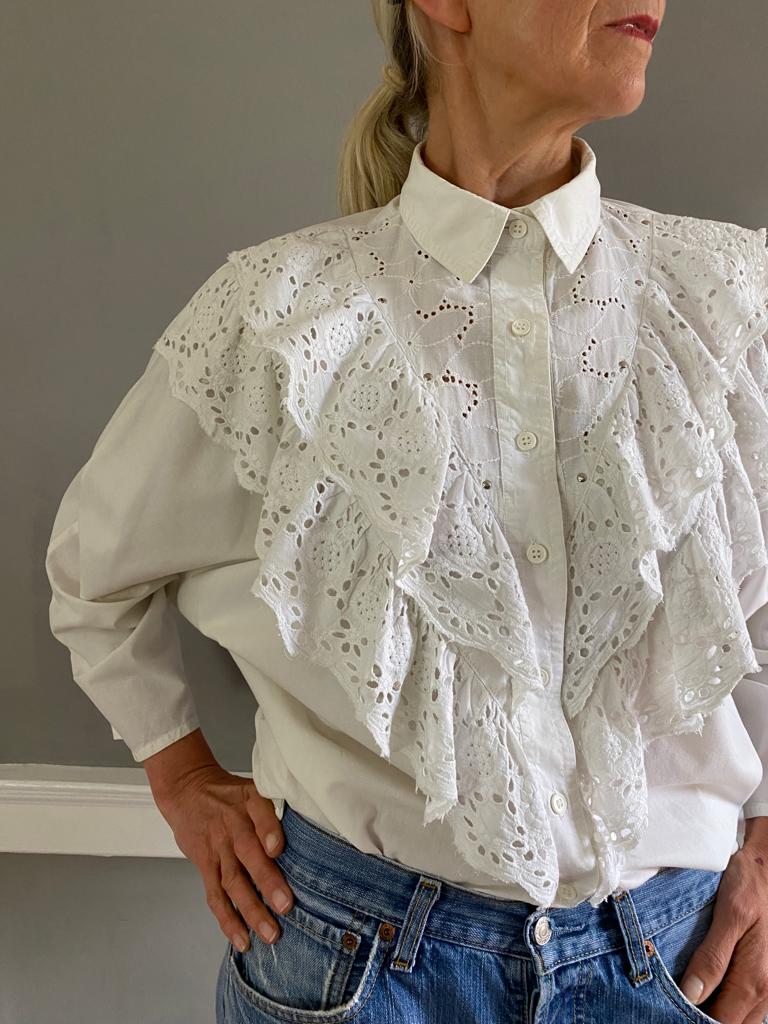 Vintage Ruffle cotton batwing shirt UK14-18