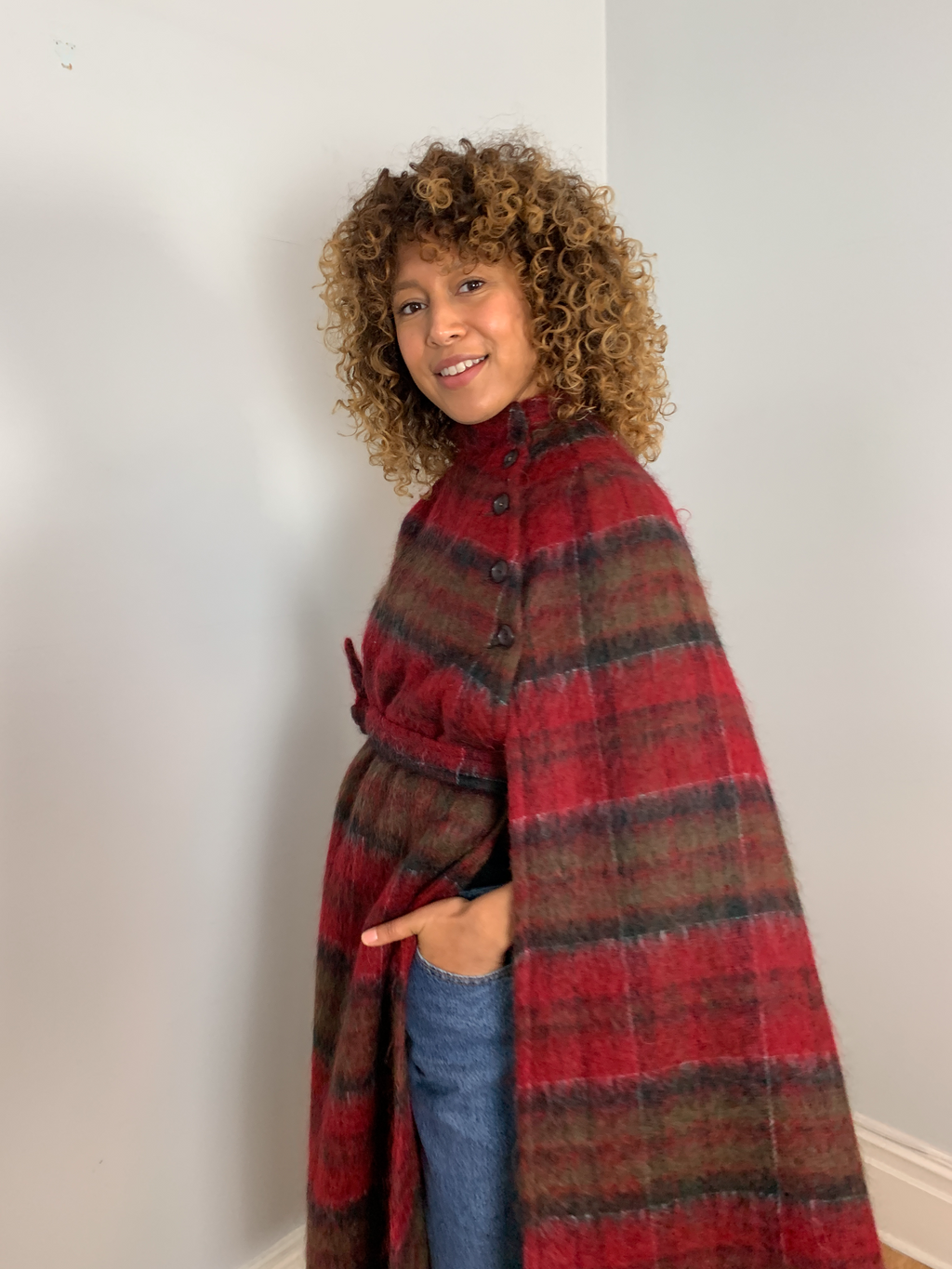 Vintage wool & mohair tartan cape in red