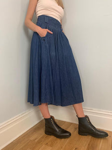Super soft vintage denim midi skirt with gathered waist