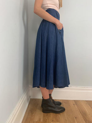 Super soft vintage denim midi skirt with gathered waist