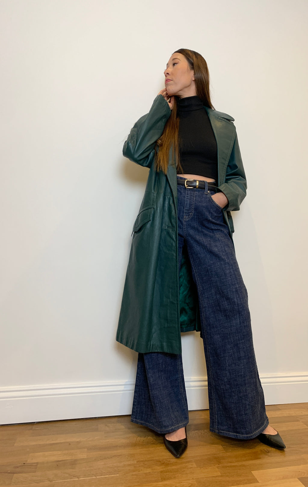Vintage green leather trench coat