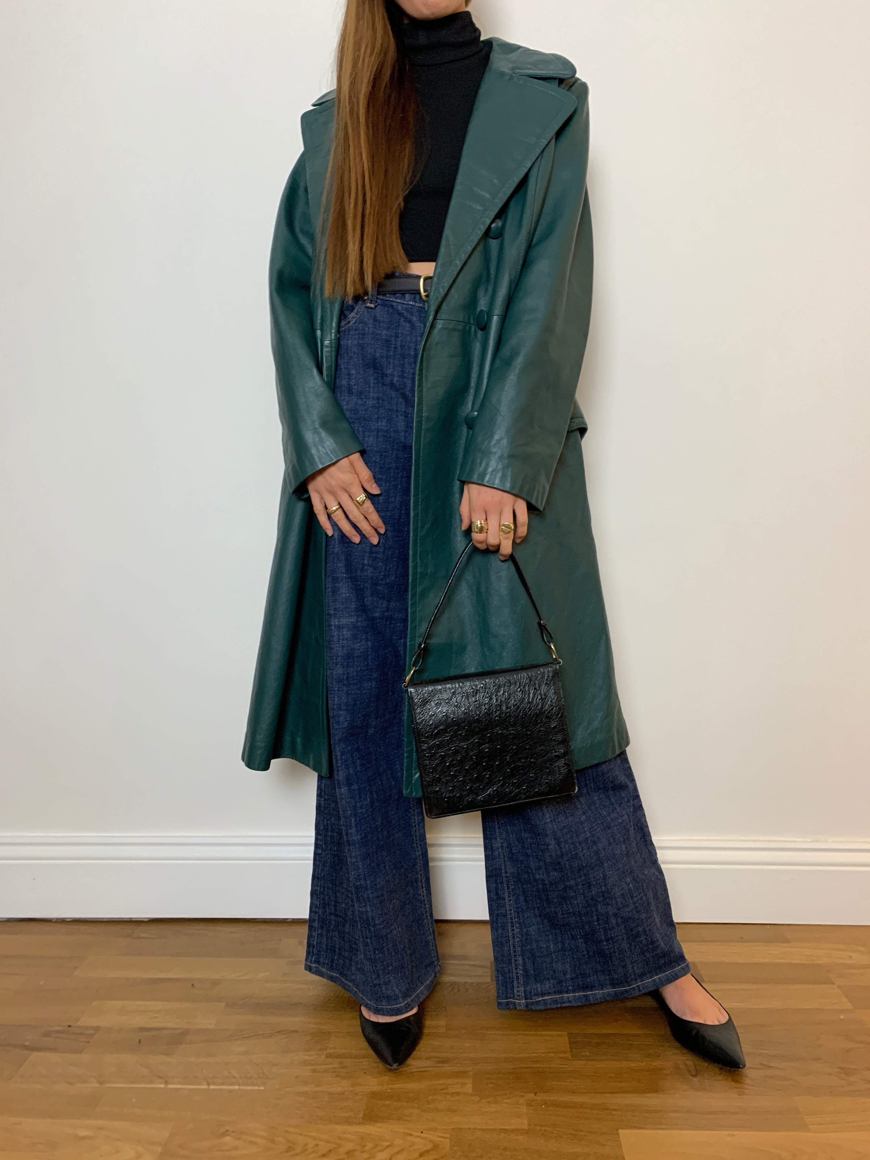 Vintage green leather trench coat