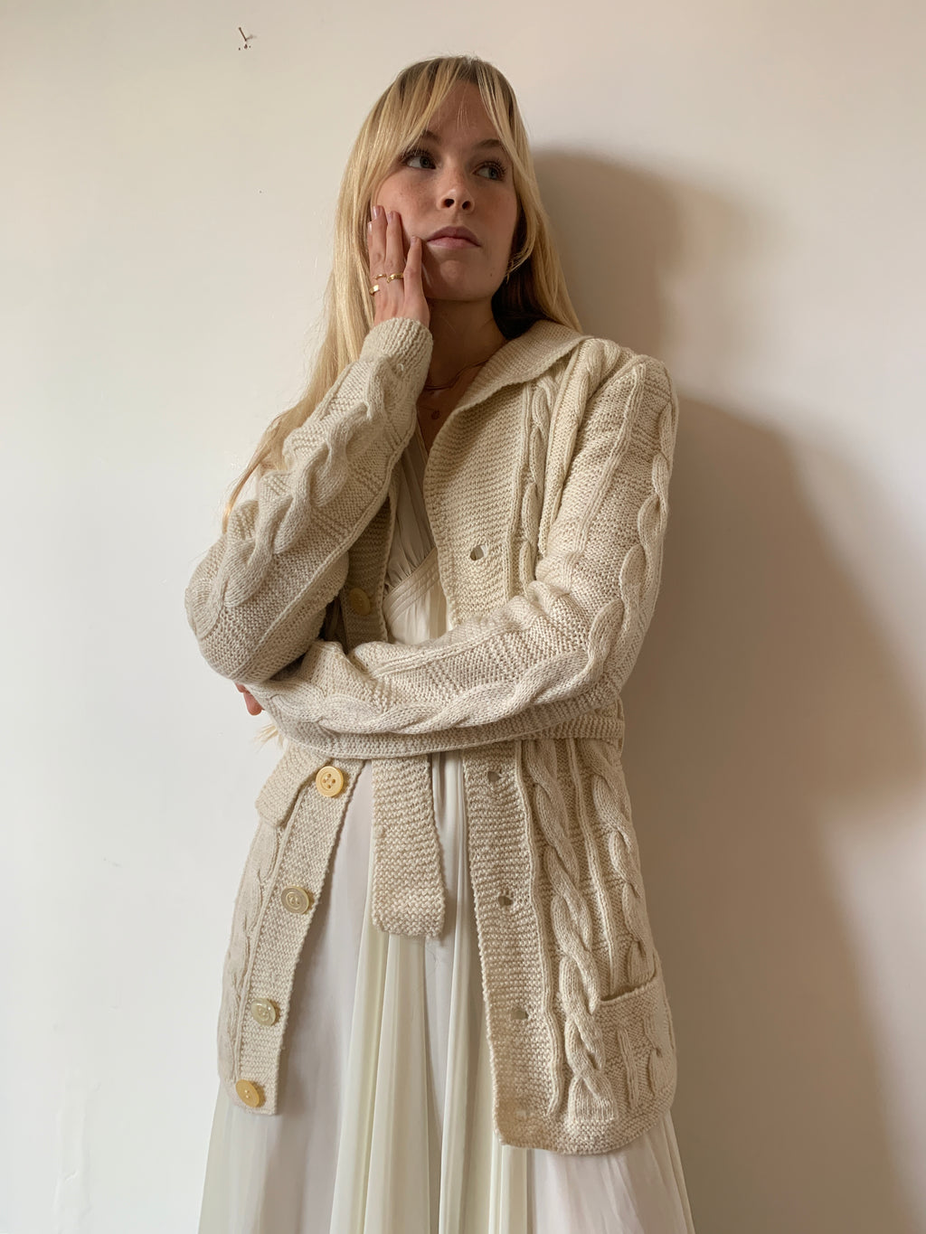 Vintage 1970s Hand Knit belted Aran cardigan
