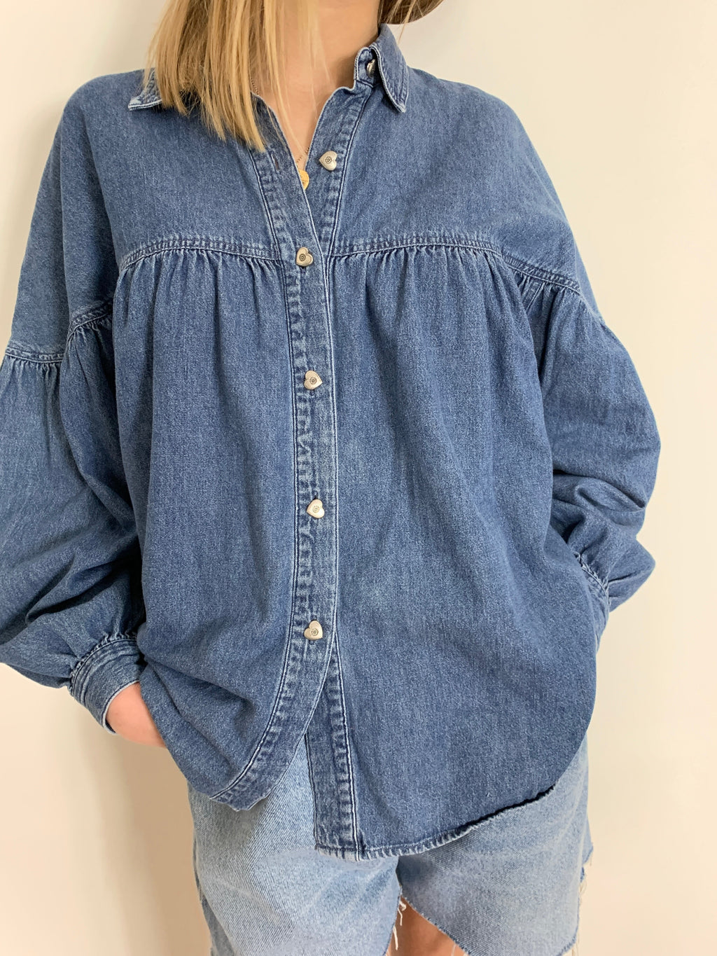 Vintage gathered detail denim 90s blouse