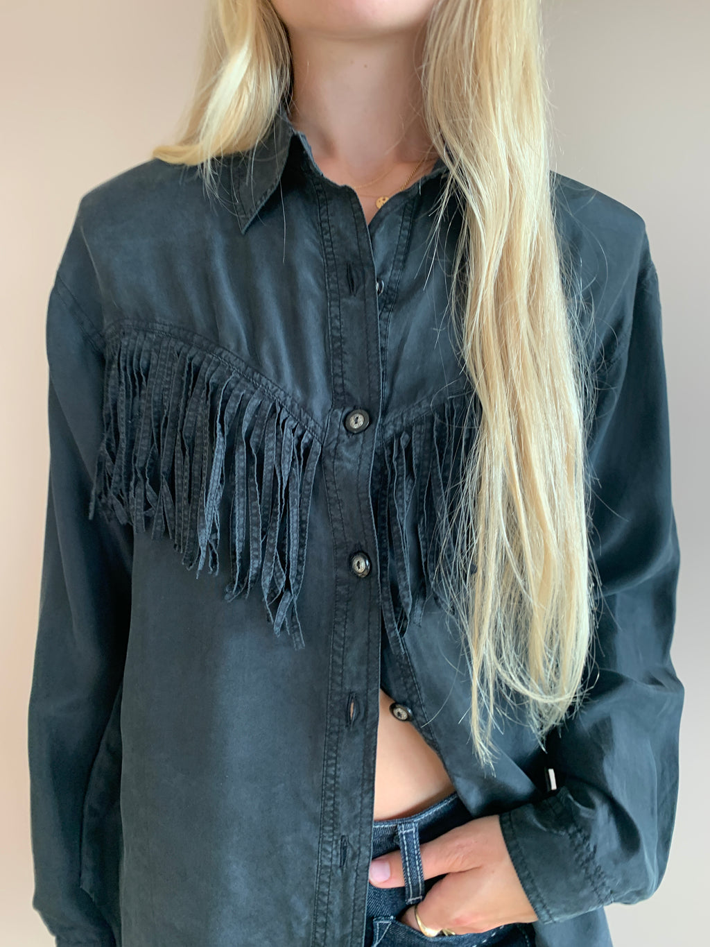 Vintage Fiji fringed silk blouse black