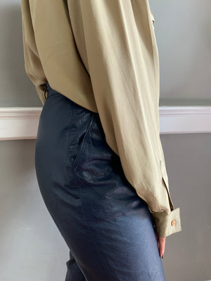 Vintage 80s High Waisted Pants Tan Leather Trousers Tapered