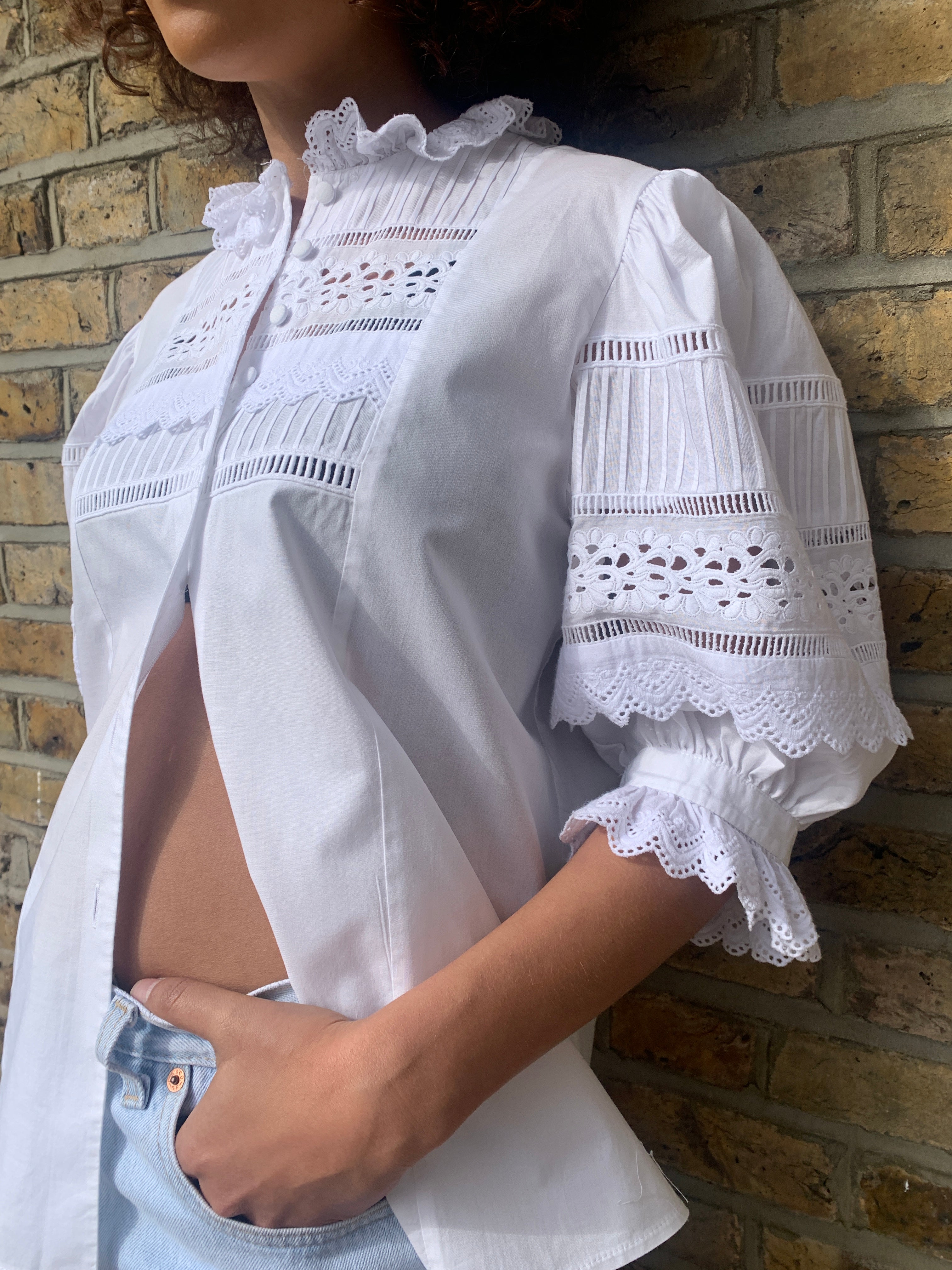 Vintage cotton & lace balloon sleeve blouse