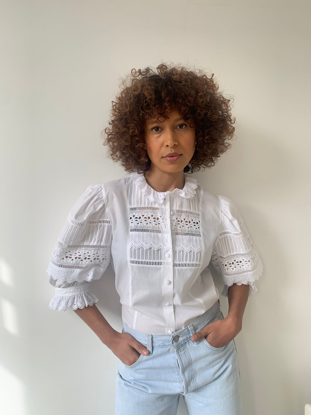 Vintage cotton & lace balloon sleeve blouse