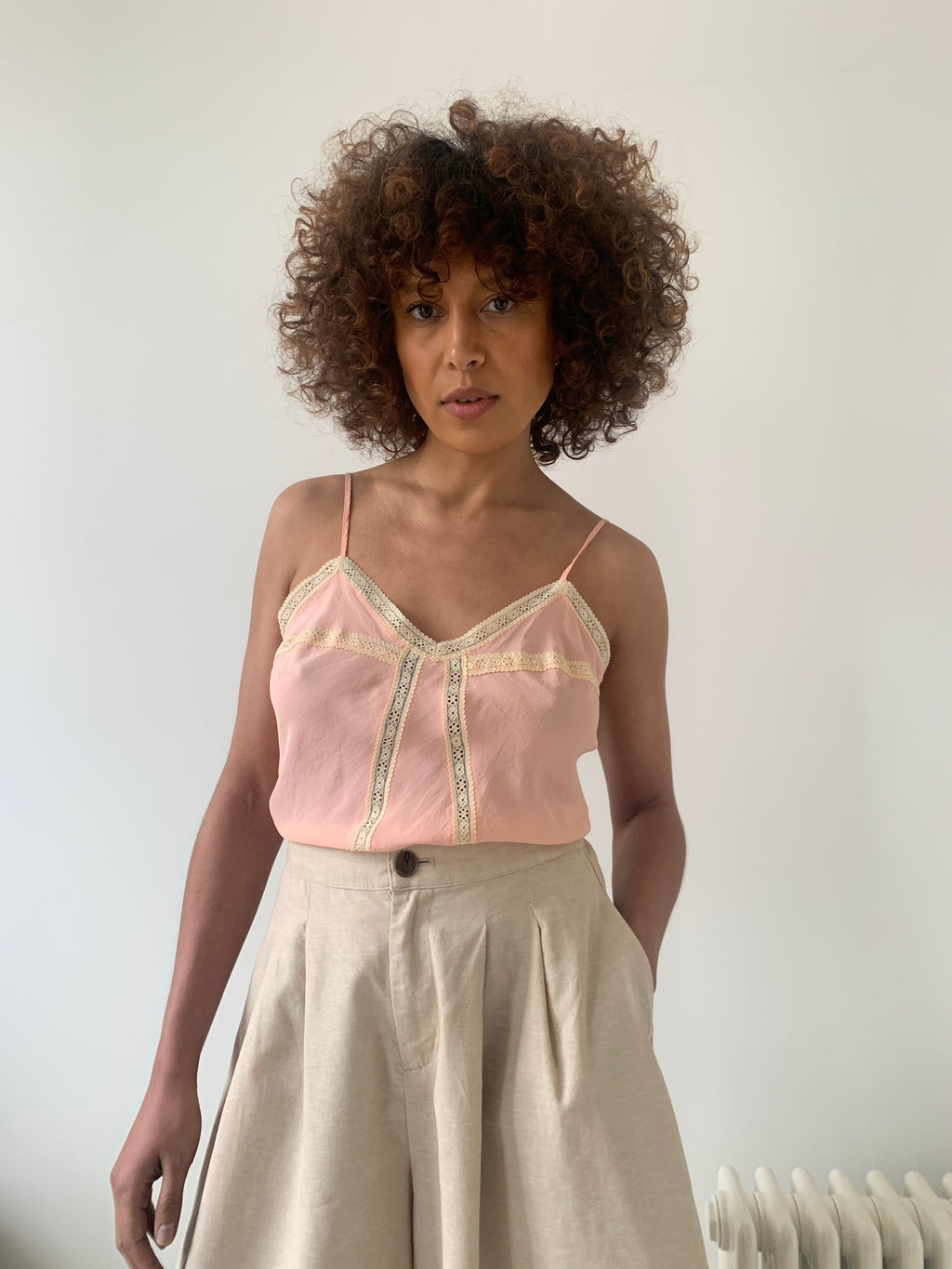 Vintage silk camisole with cotton lace trim