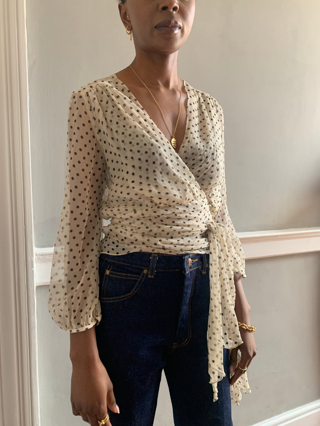 Vintage polka dot silk chiffon wrap blouse