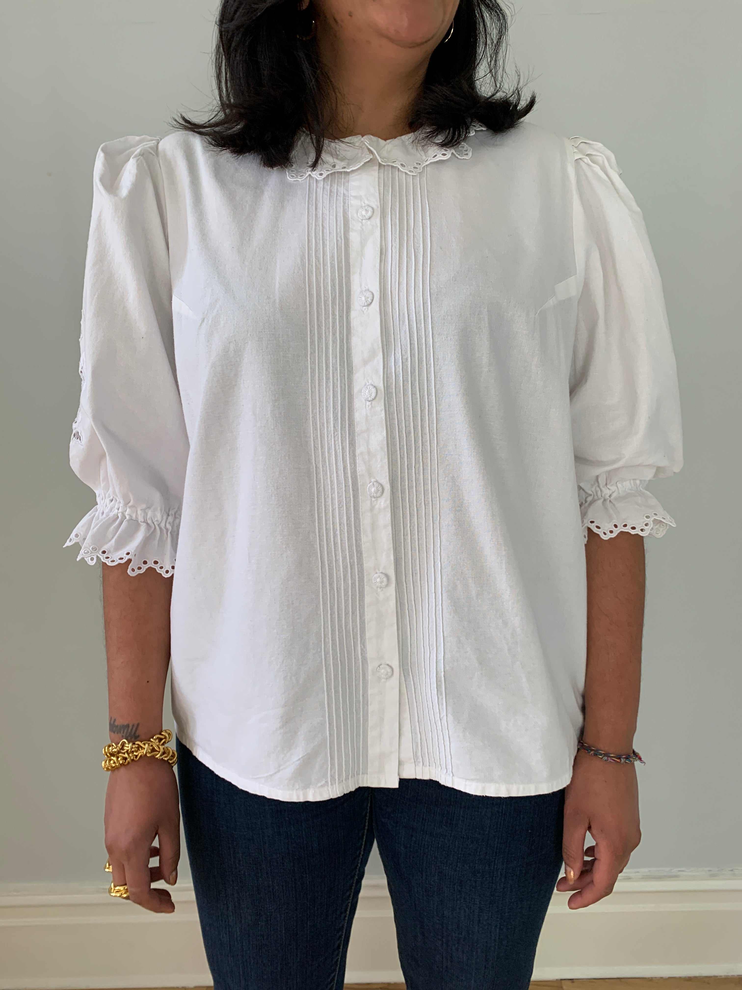 Vintage cotton cutout balloon sleeve blouse