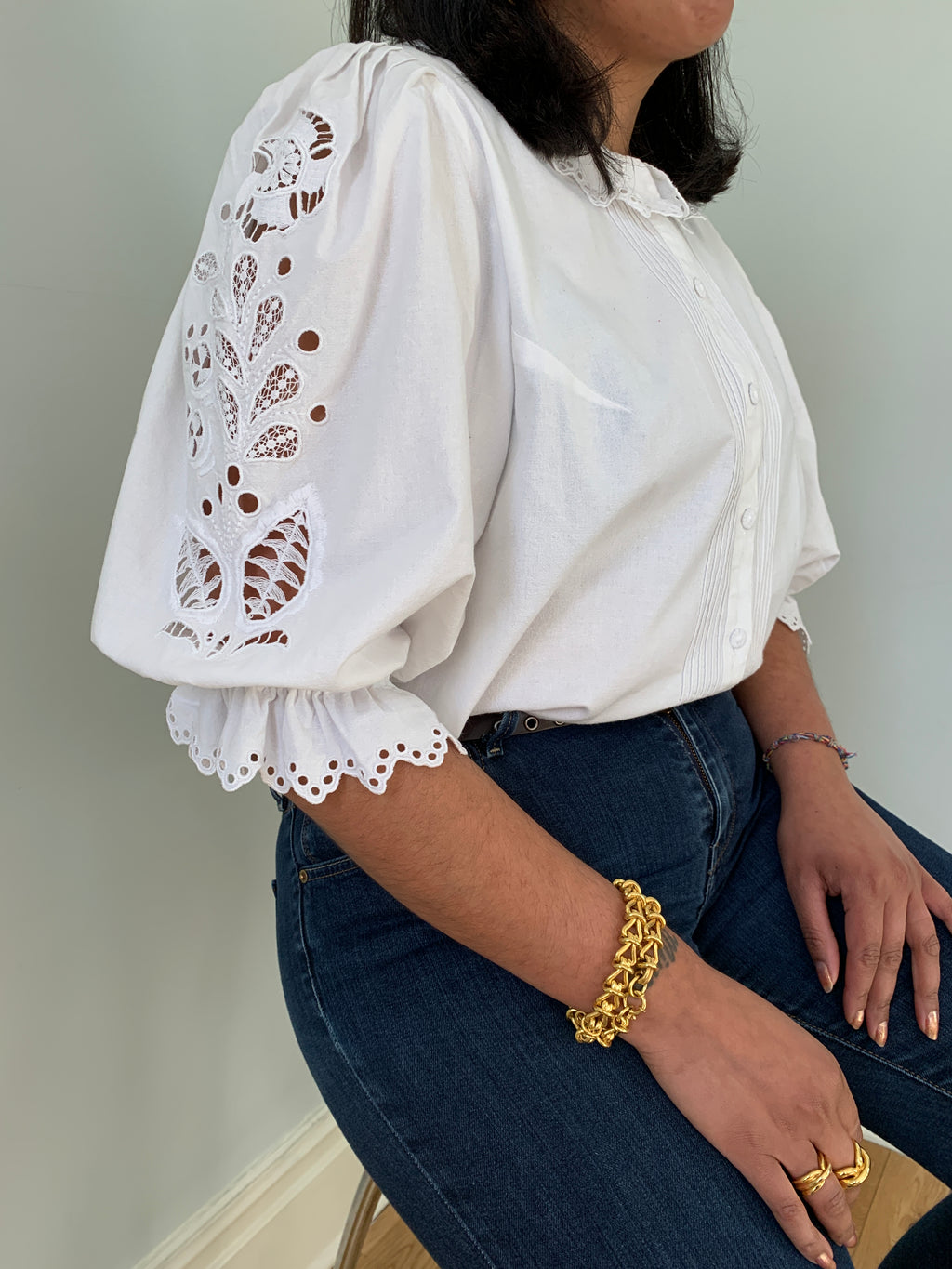 Vintage cotton cutout balloon sleeve blouse
