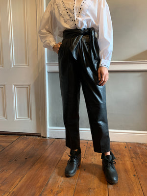 Vintage tie waist leather trousers