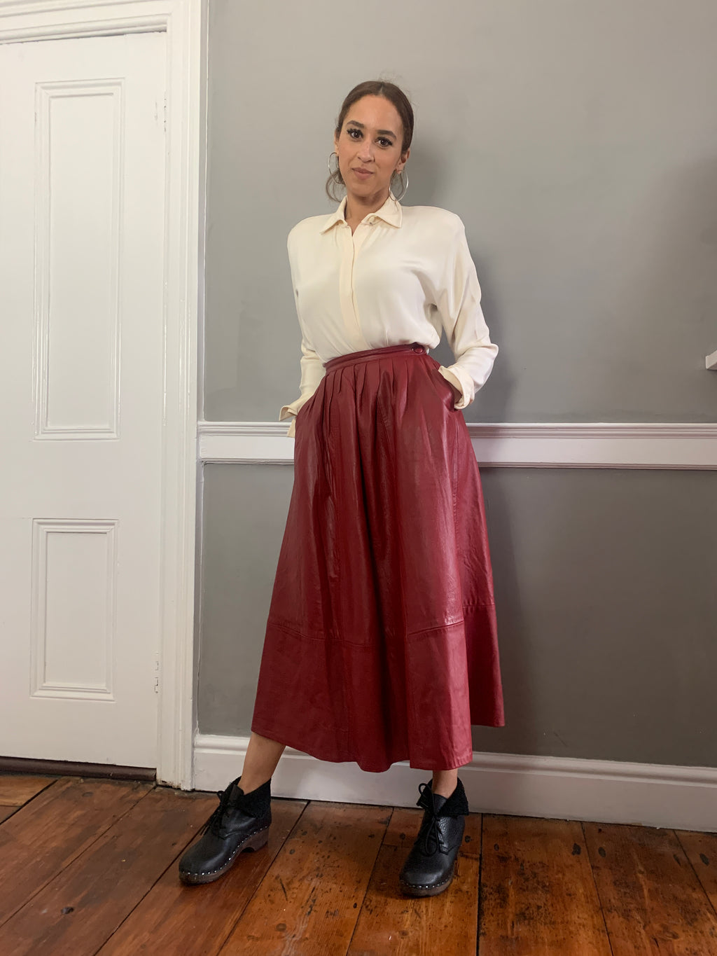 Vintage RED leather full midi length skirt
