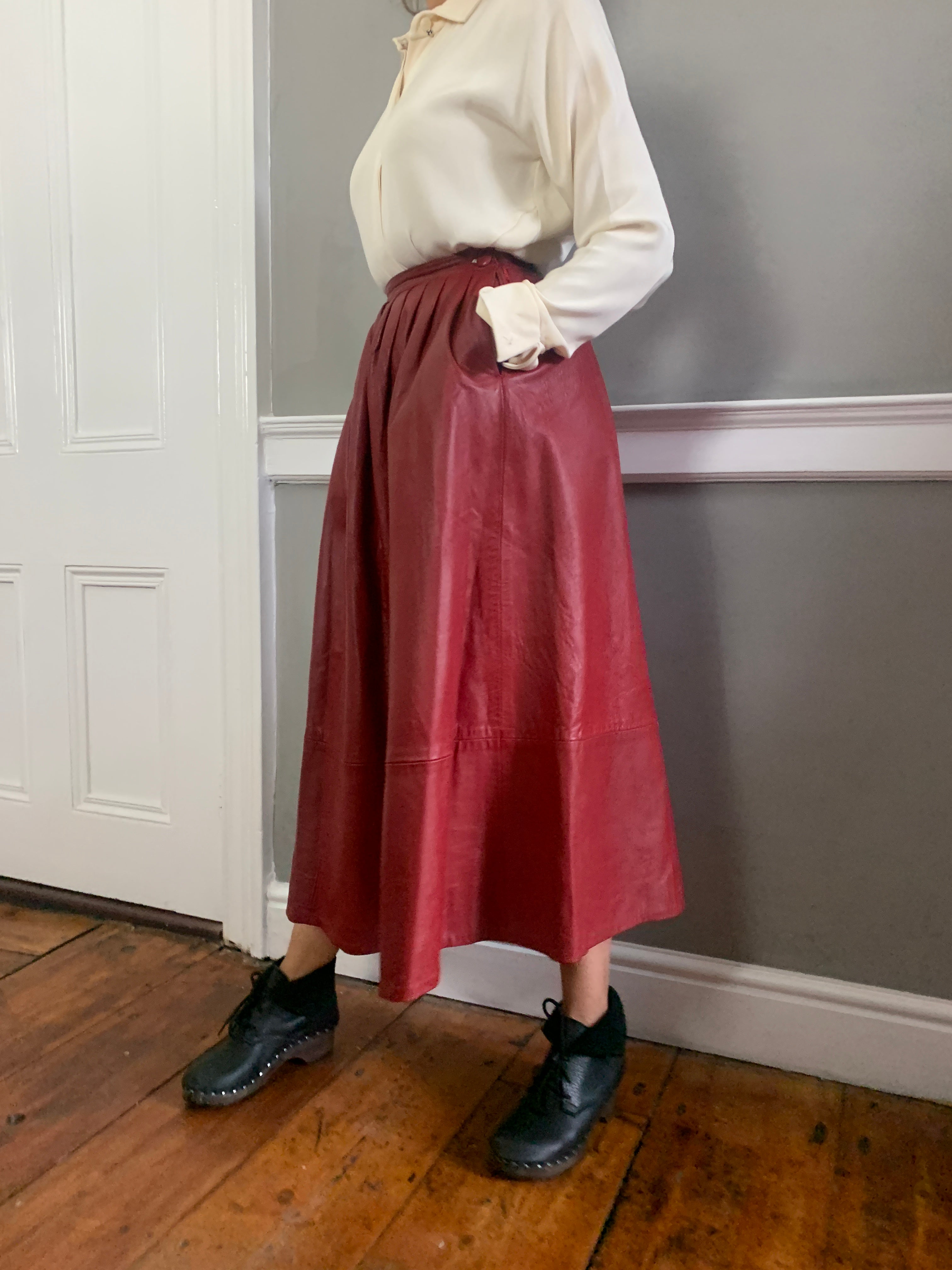 Vintage RED leather full midi length skirt
