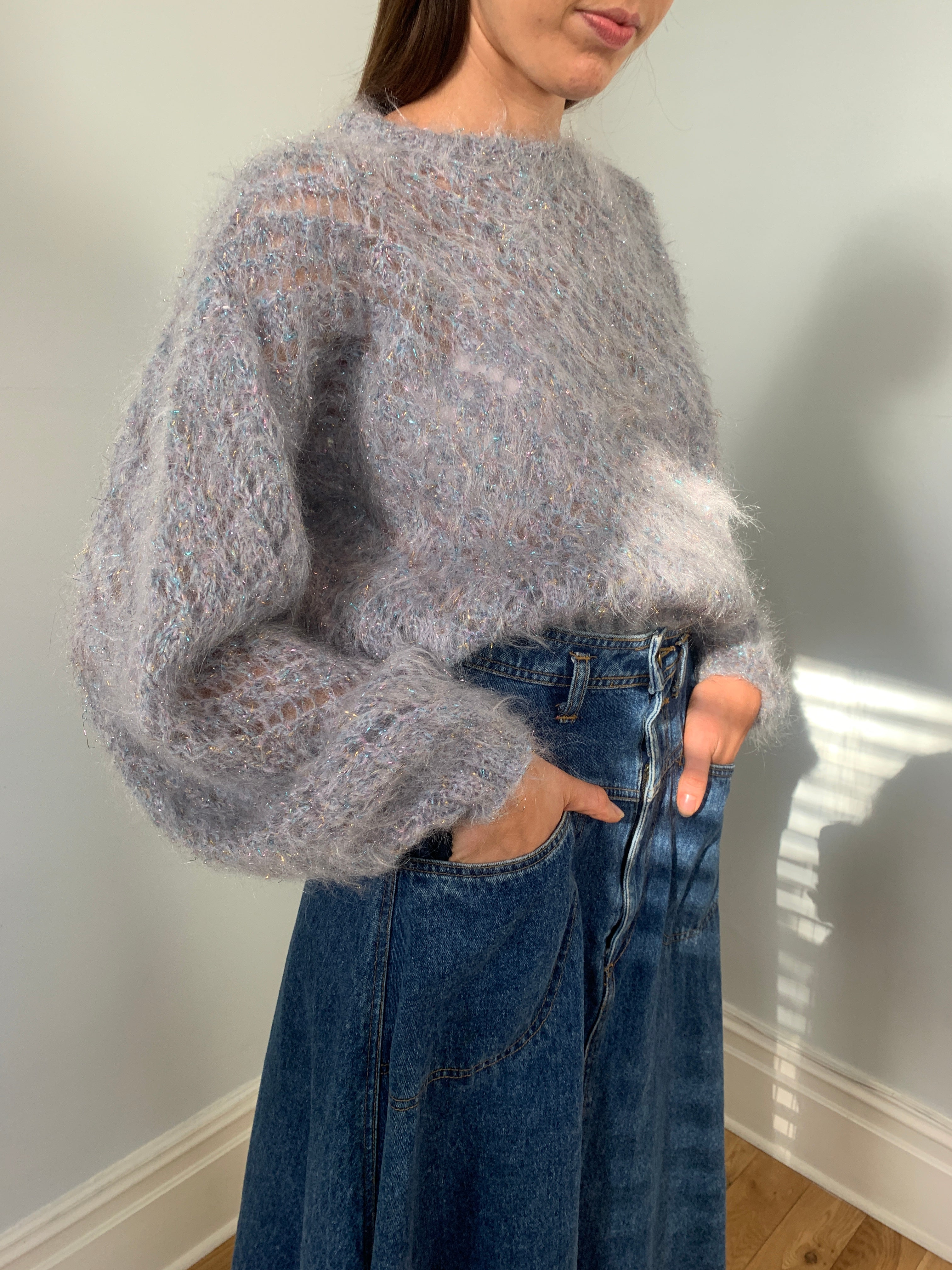 Beautiful hand knitted mohair & metallic jumper